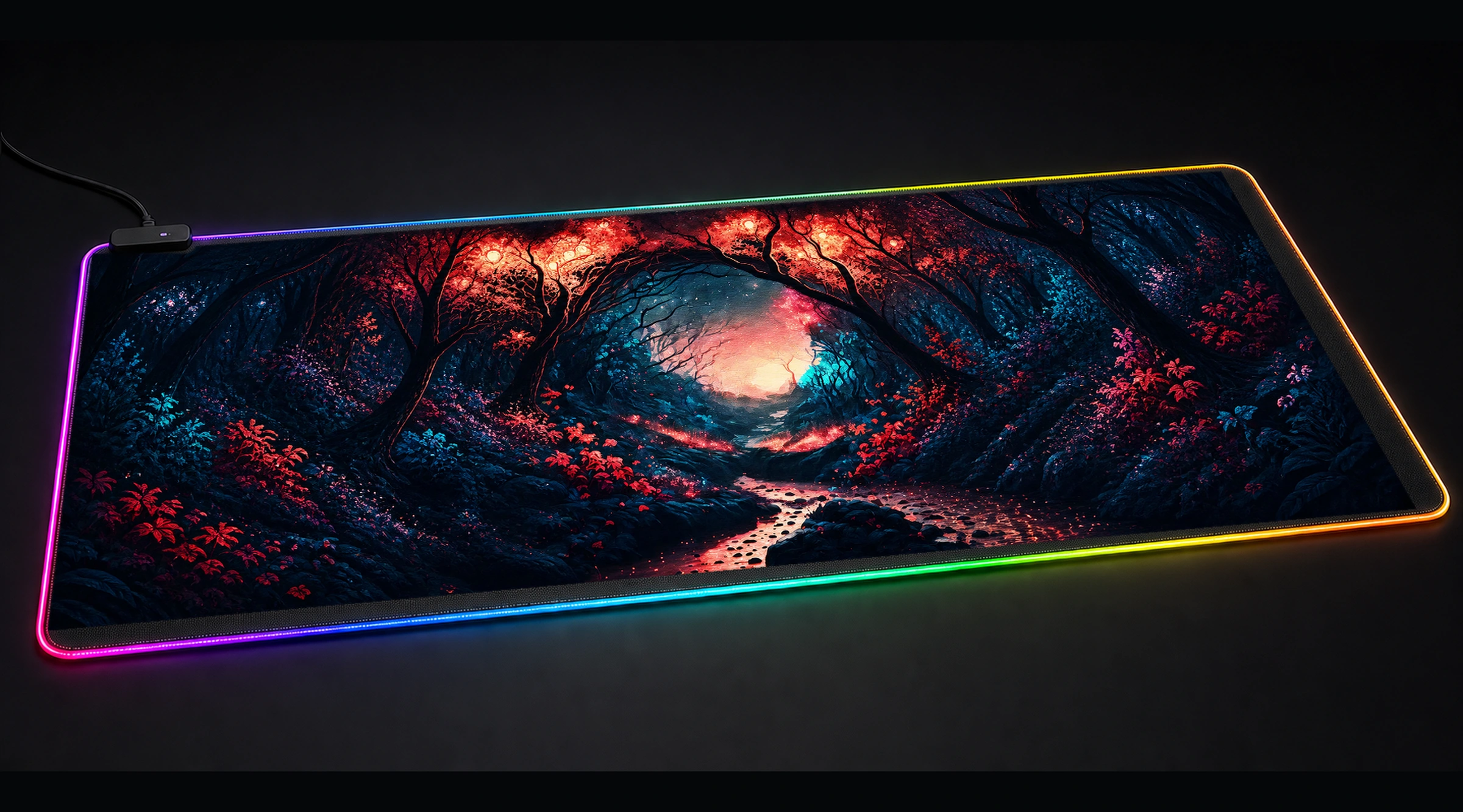Magic River in Forest ocean wave art panoramic RGB gaming desk mat product view