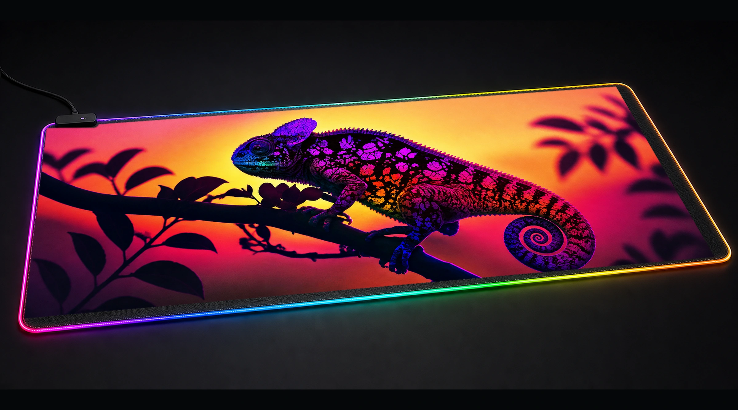 Chameleon On a Twig Branch wildlife art panoramic RGB gaming desk mat product view