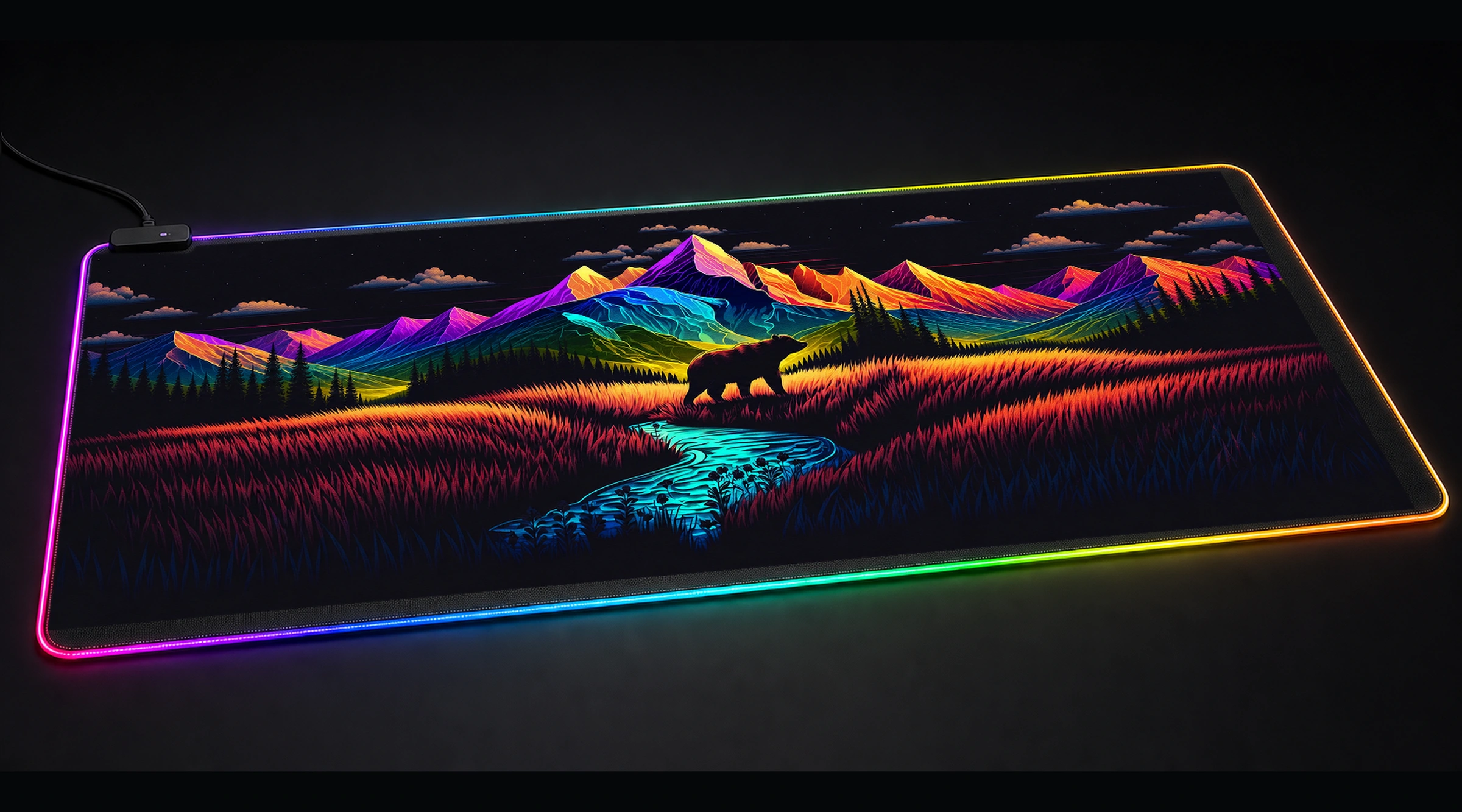 Colorful in Forest wildlife art panoramic RGB gaming desk mat product view