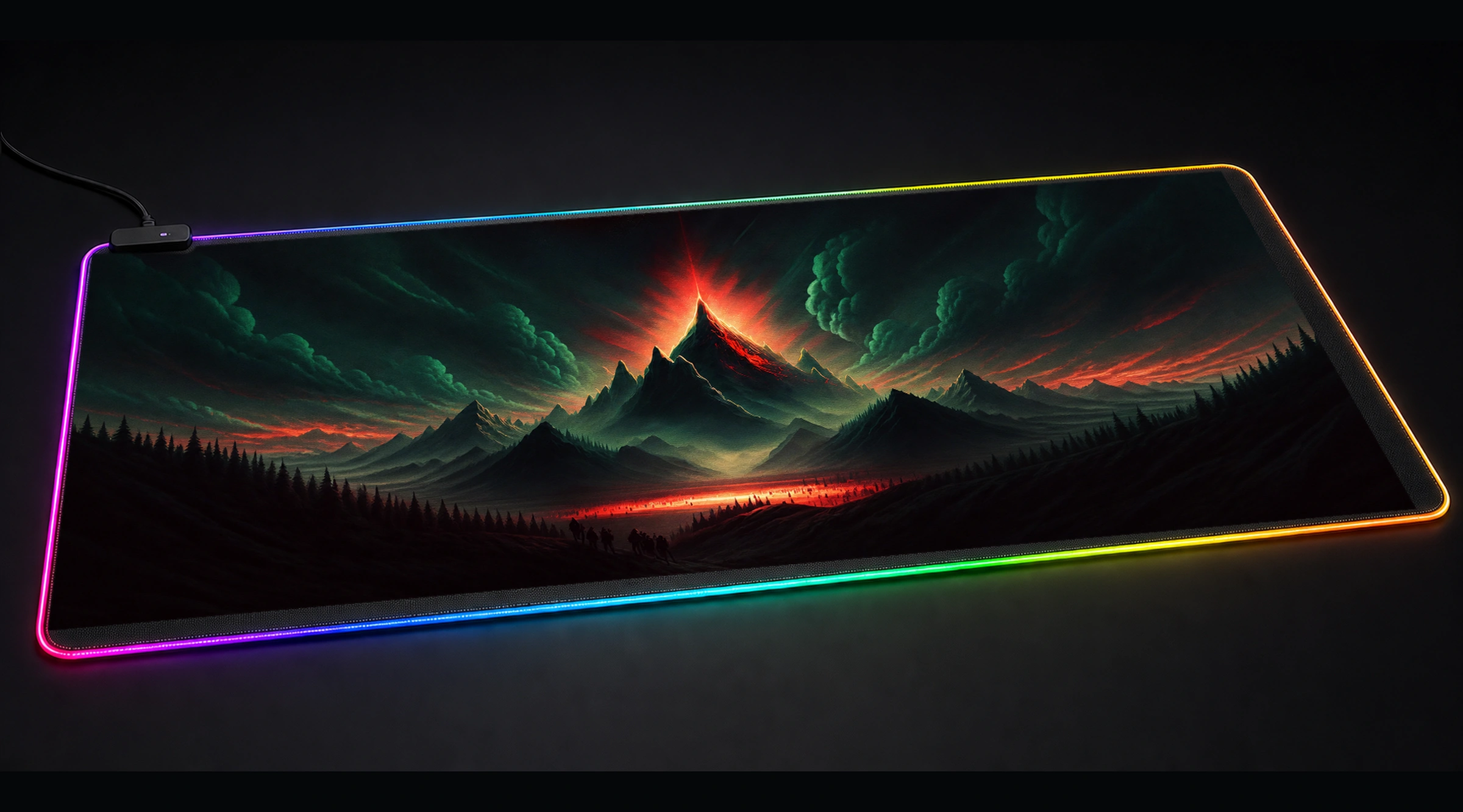 Mystical Mountains game world art panoramic RGB gaming desk mat product view