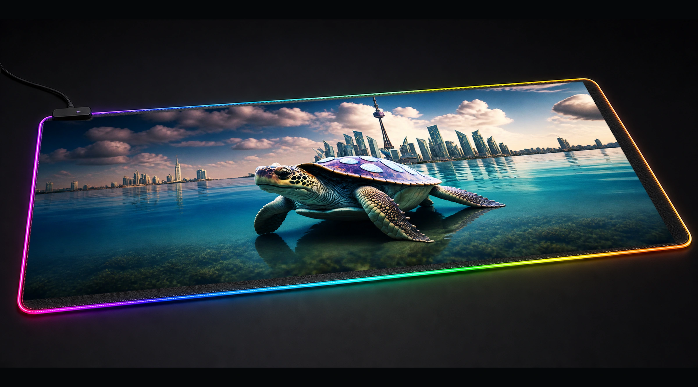 Turtle Journey to the City fantasy art panoramic RGB gaming desk mat product view