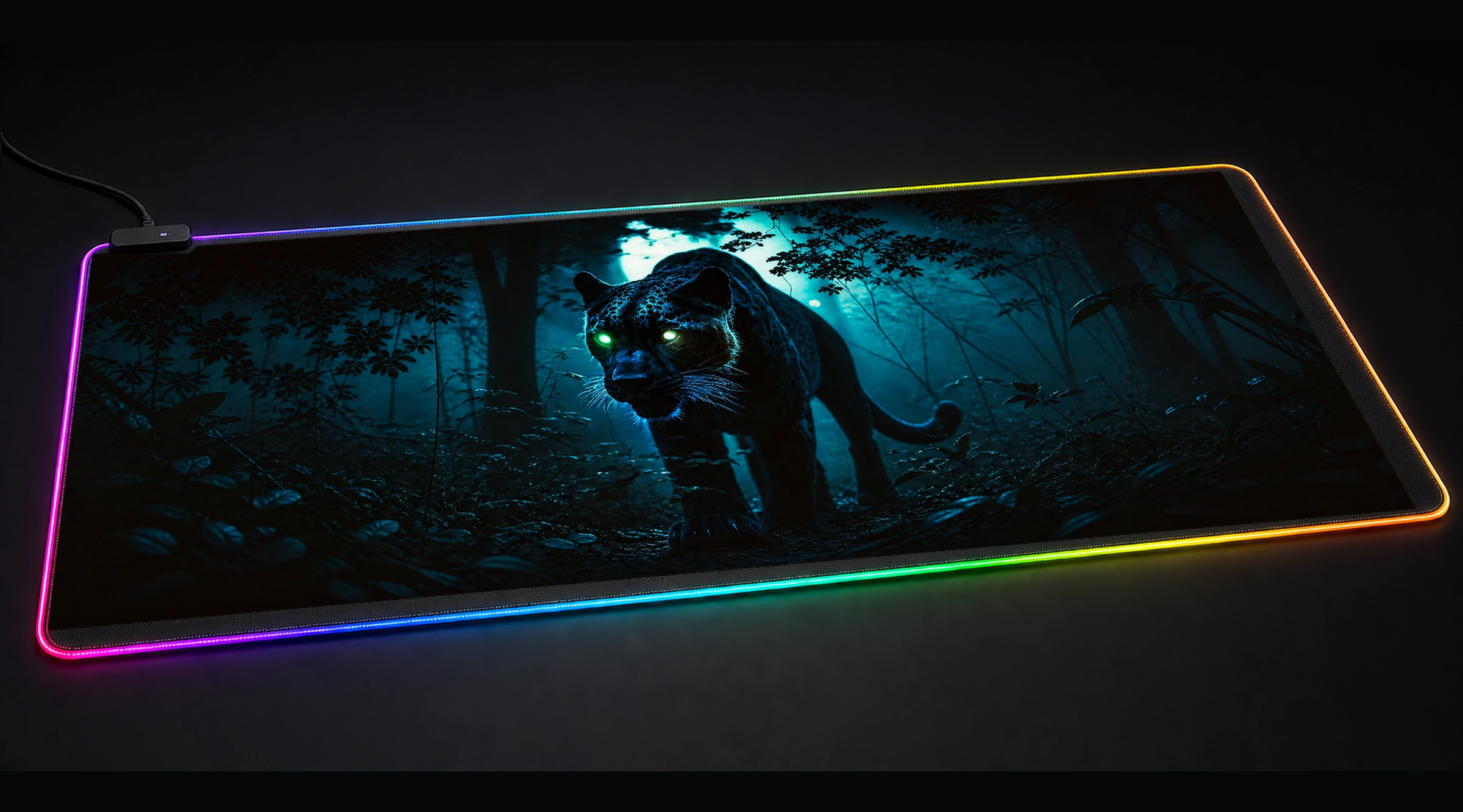 Panther In The Dark Forest forest landscape panoramic RGB gaming desk mat product view
