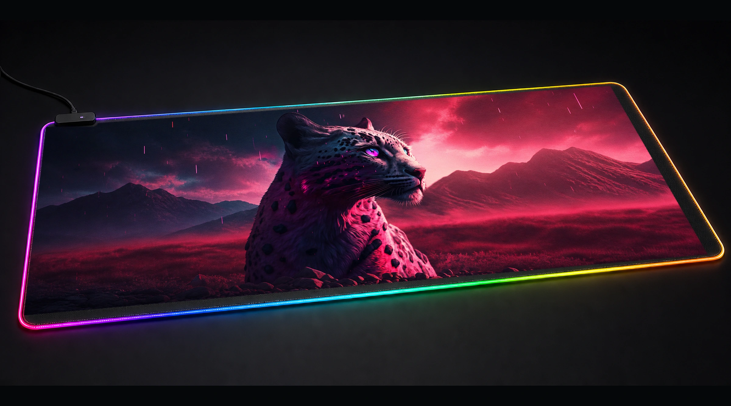 Leopard Portrait wildlife art panoramic RGB gaming desk mat product view