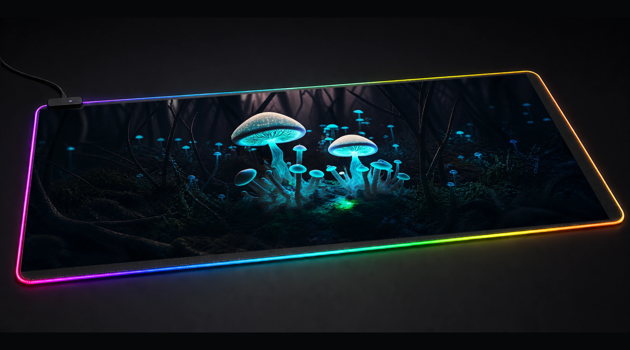 Neon Mushroom game world art panoramic RGB gaming desk mat product view