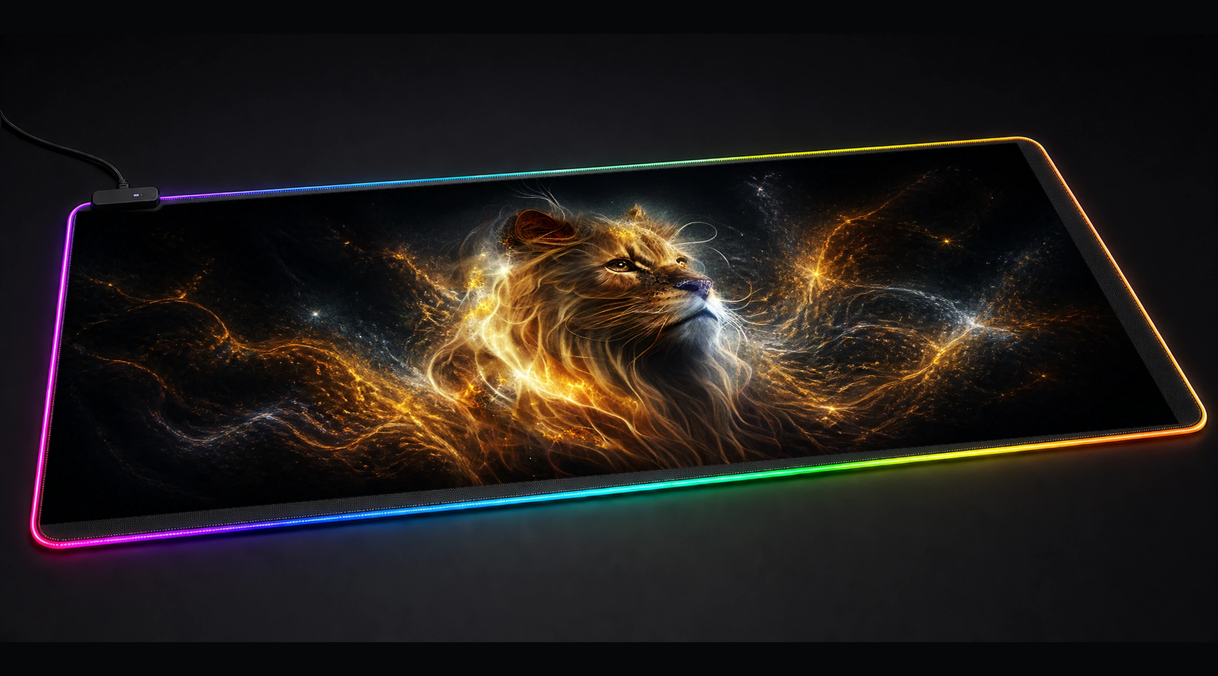 Lion Line art wildlife art panoramic RGB gaming desk mat product view