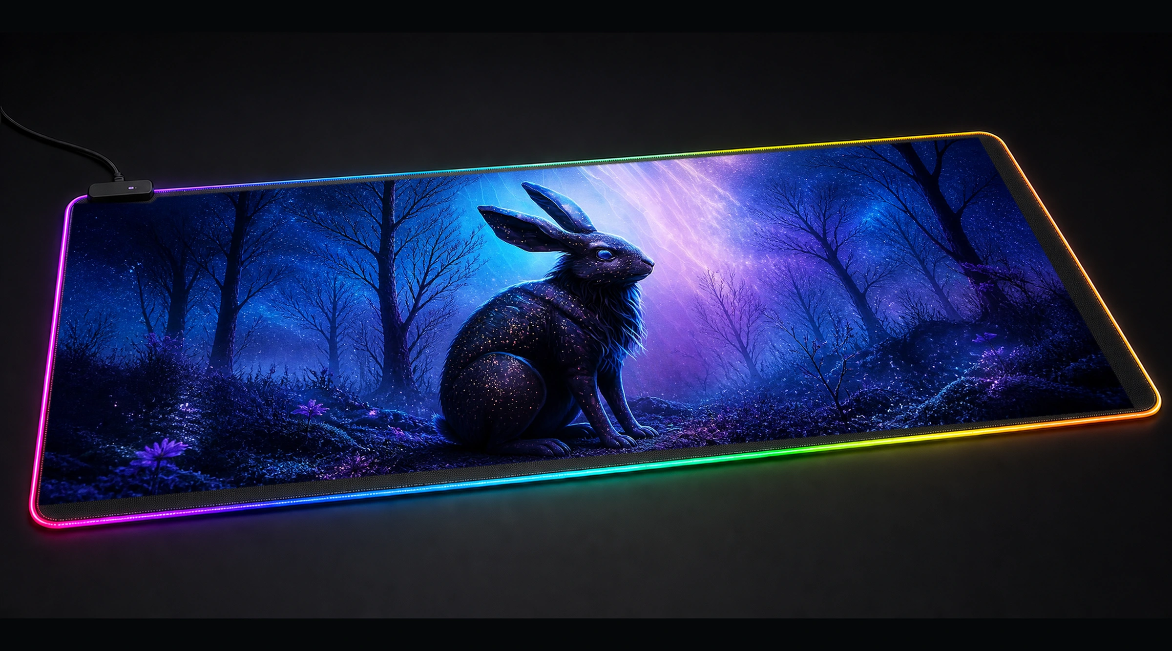 Painting Rabbit wildlife art panoramic RGB gaming desk mat product view