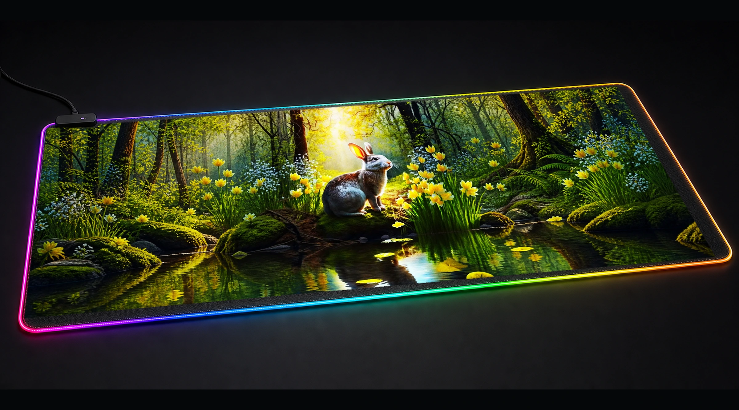 Beautiful Forest wildlife art panoramic RGB gaming desk mat product view