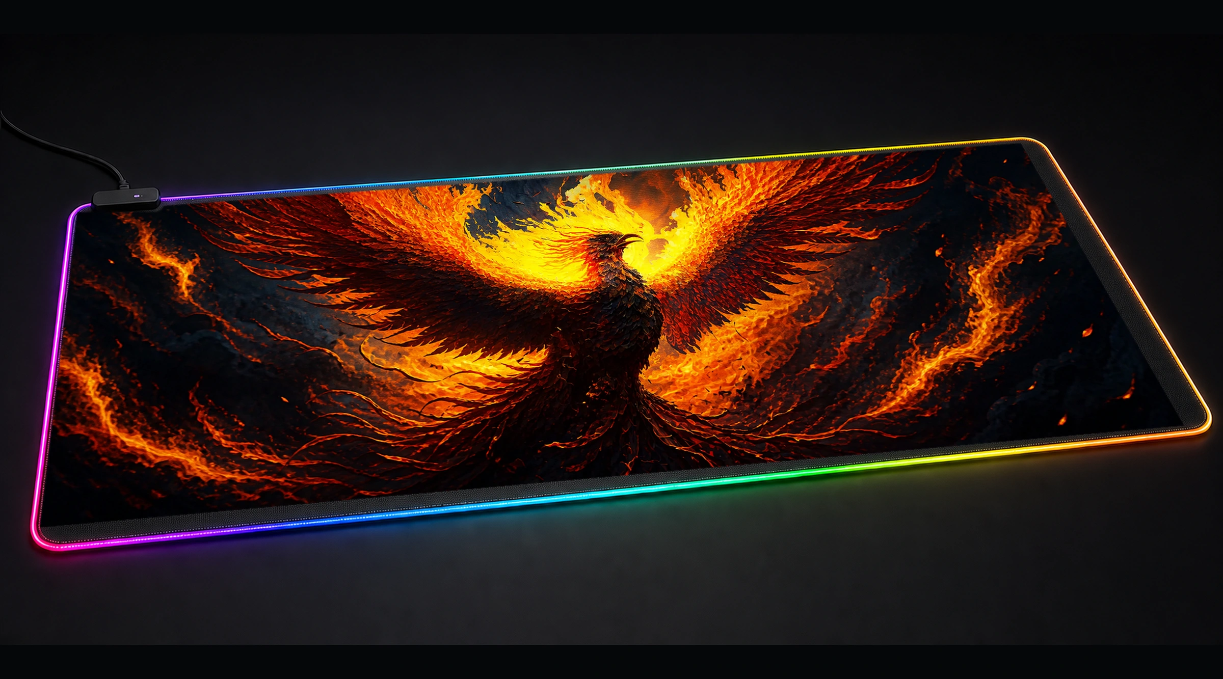 Abstract Art Phoenix bird art panoramic RGB gaming desk mat product view