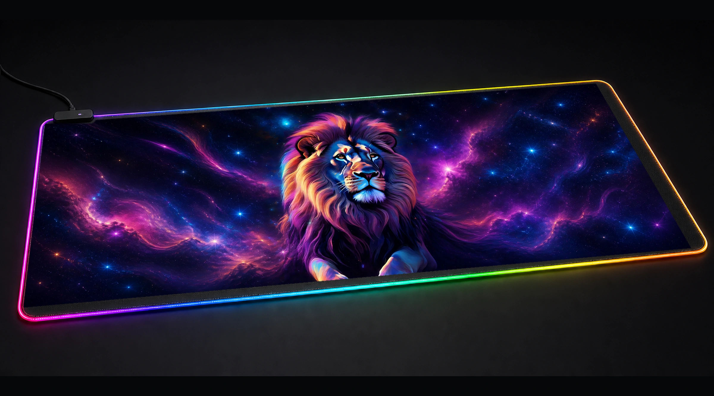 Space Lion — Violet Signal City galaxy space art panoramic RGB gaming desk mat product view
