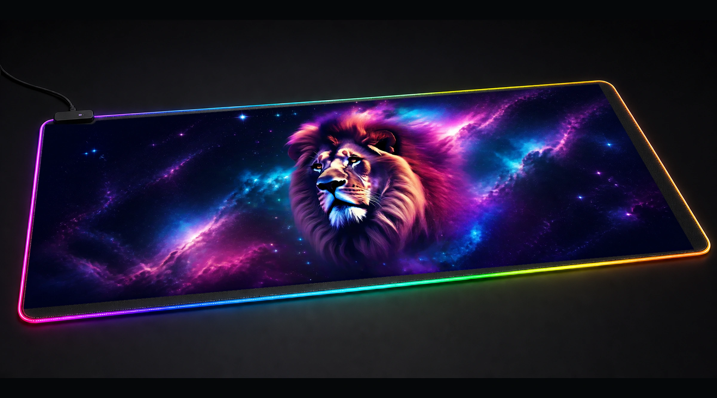 Space Lion — Violet Wild Haven wildlife art panoramic RGB gaming desk mat product view