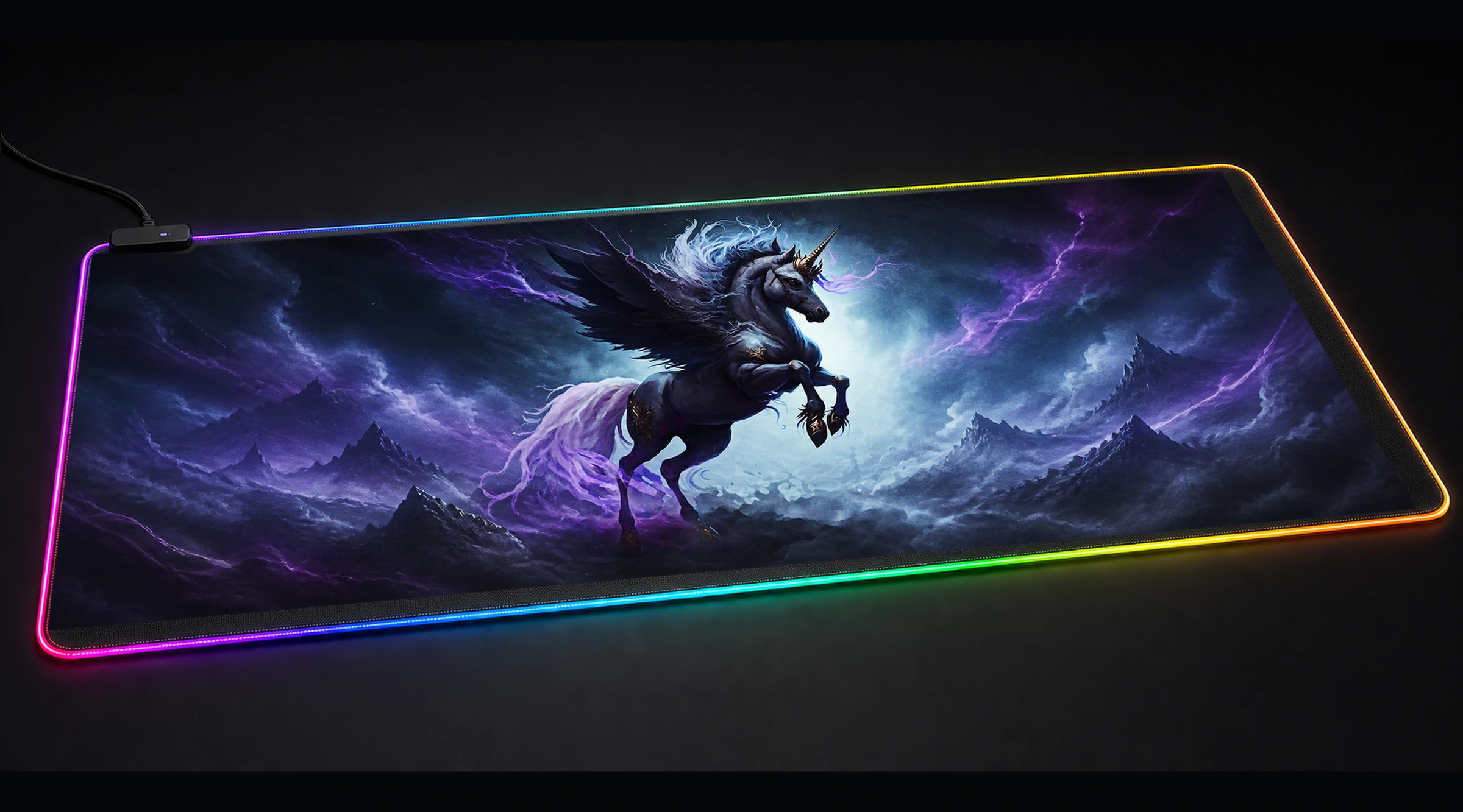 Evil Unicorn Magic dragon fantasy panoramic RGB gaming desk mat product view