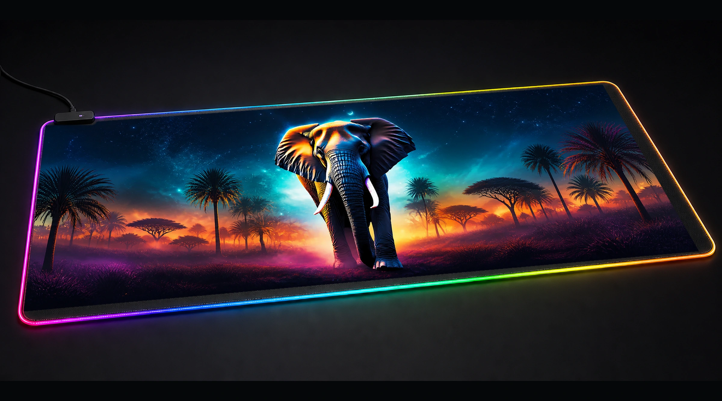 Elephant — Violet Quiet Water wildlife art panoramic RGB gaming desk mat product view