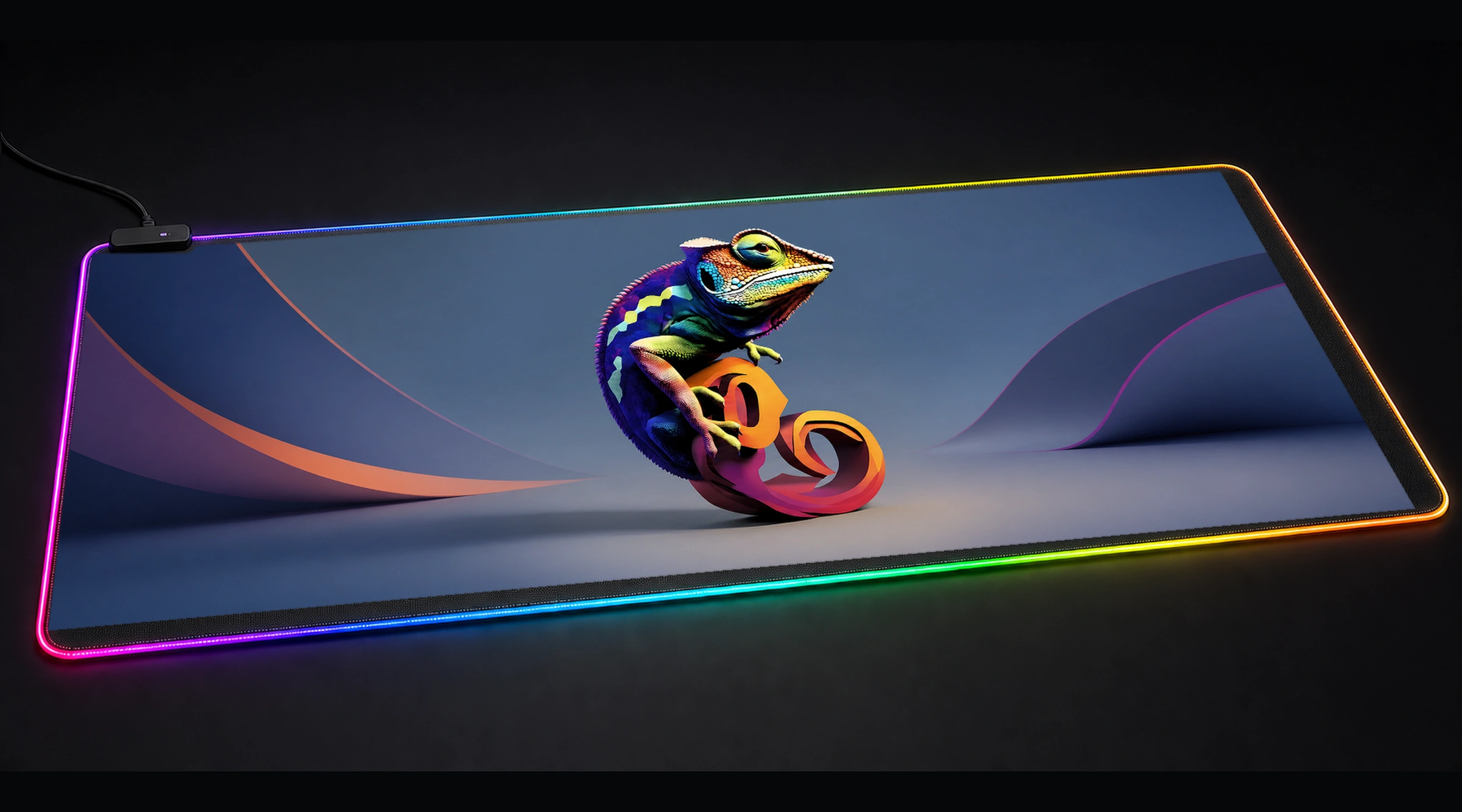 Chameleon — Violet Forest Light wildlife art panoramic RGB gaming desk mat product view
