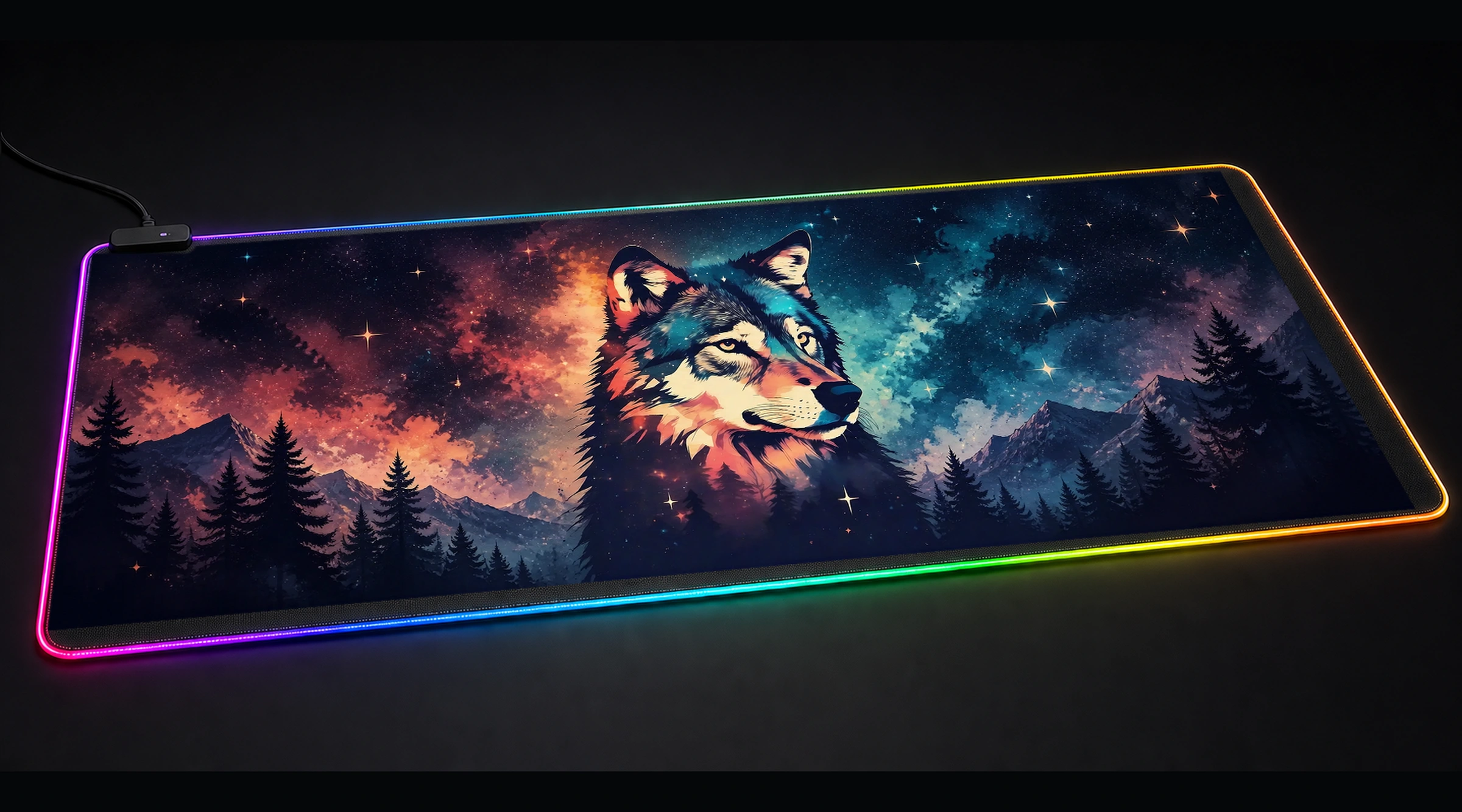 Wolf — Monochrome Nebula galaxy space art panoramic RGB gaming desk mat product view