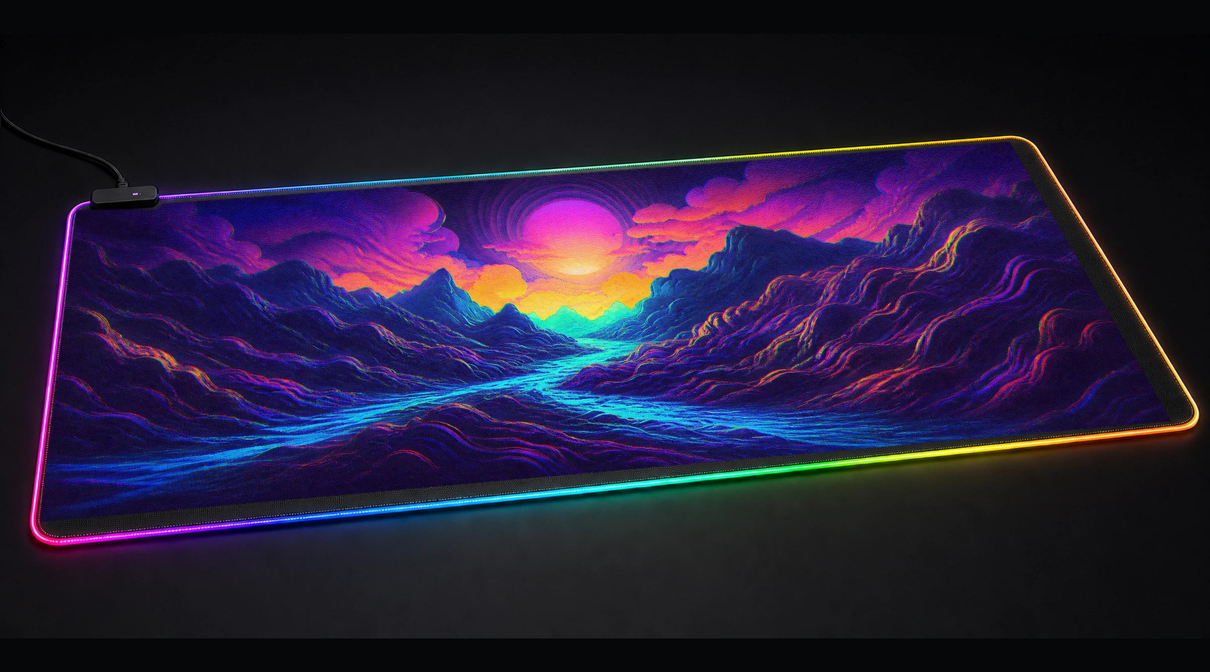 Line Art Neon Nature ocean wave art panoramic RGB gaming desk mat product view
