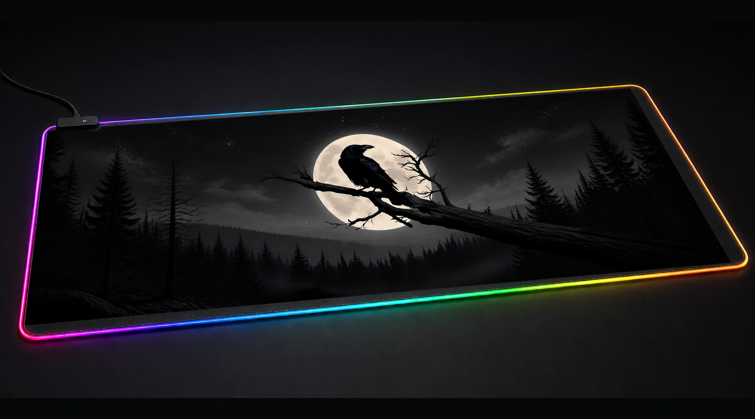 Crow — Monochrome Bloom bird art panoramic RGB gaming desk mat product view